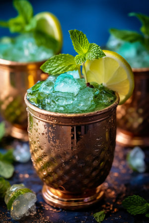 Mojito cocktail with lime, mint and ice on dark background. Selective focus.の素材