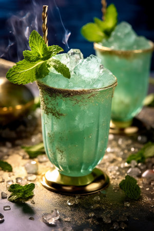 Blue cocktail with mint and ice on a dark background. Selective focus.の素材