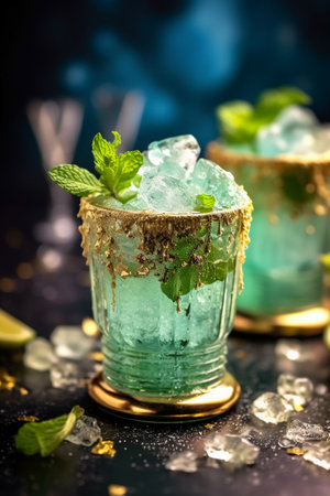 Mojito cocktail with lime and mint on a black background.の素材