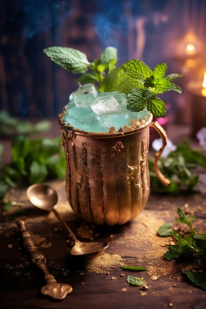 Mint Mojito cocktail with ice and mint leaves on wooden backgroundの素材