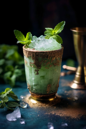 Mojito cocktail with mint and ice on a dark background.の素材