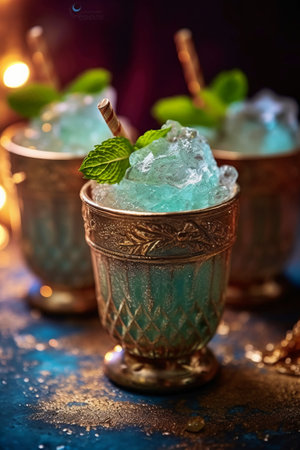 Turquoise ice with mint in a copper cup. Selective focus.の素材