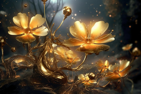 3D illustration of abstract background with golden flowers. Fantasy floral backgroundの素材