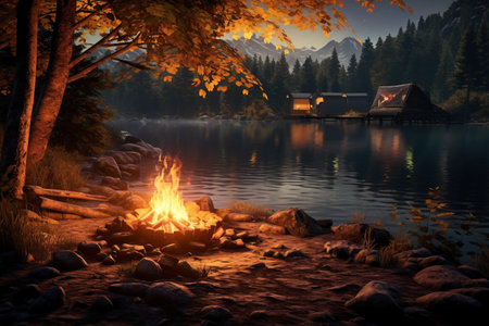 Beautiful autumn landscape with a bonfire on the shore of a mountain lakeの素材