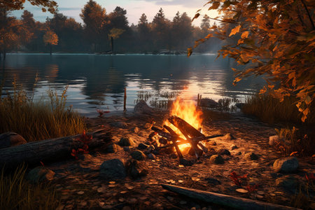 Campfire on the shore of the lake at dawn in autumn.の素材