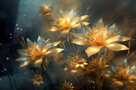 Beautiful yellow flowers on a dark background. 3d illustration.の素材