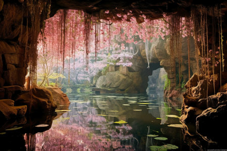 Cave with blooming cherry blossoms in Chiang Mai, Thailandの素材