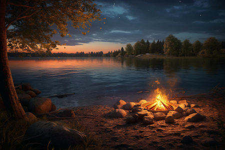 Camping on the shore of a lake with a bonfire.の素材