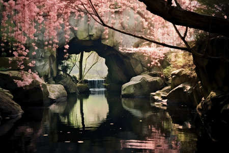 Cherry blossoms in the garden with waterfalls in the backgroundの素材