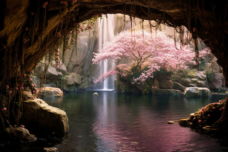 Cherry Blossoms in a cave at the waterfall in Thailandの素材