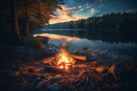 Camping by the lake at sunset. Beautiful summer landscape with a campfire.の素材