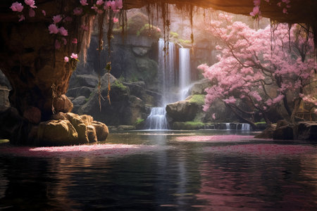 Beautiful waterfall in the cave with pink cherry blossom flower.の素材