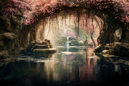Japanese garden with blooming flowers and waterfall. Toned image.の素材