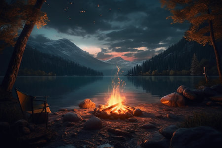 Camping on a lake in the mountains at sunset. 3D renderingの素材