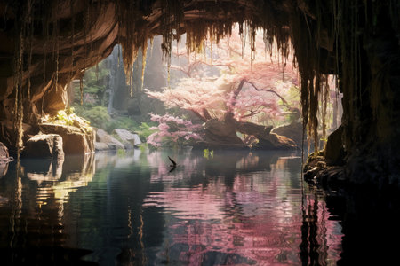 Cave with beautiful pink cherry blossom in khao khamin cave at Thailandの素材