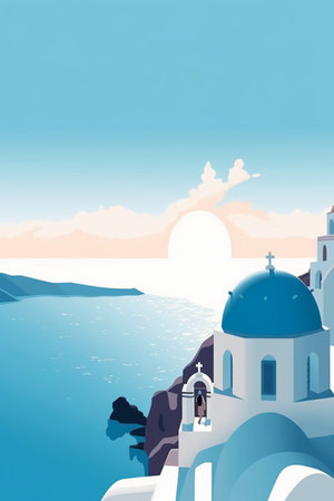 Illustration of Santorini island with blue domed church.の素材