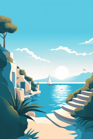Summer landscape with the sea, mountains and houses. Vector illustration.の素材