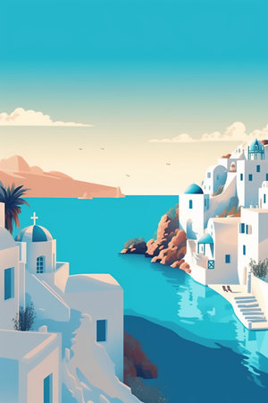 Santorini island. Greece. Vector illustration. Vintage styleの素材