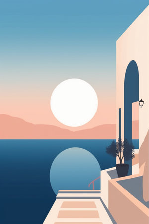 Illustration of a sea landscape with stairs leading to the sea at sunsetの素材