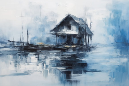 Abstract watercolor painting of old wooden house on the lake, Thailand.の素材