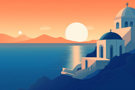 Santorini island at sunset, Greece, vector illustration.の素材