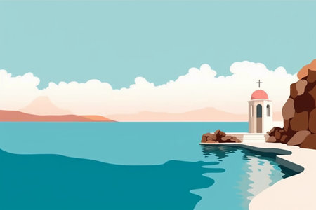Illustration of a church on the shore of the Aegean Seaの素材