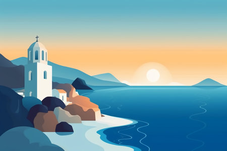 Beautiful seascape with church and sea. Vector illustration.の素材