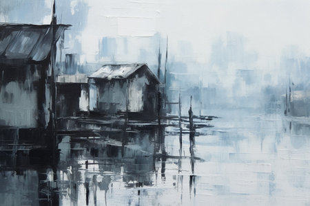 Abstract watercolor painting of old wooden house in the middle of the riverの素材