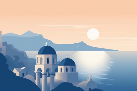Illustration of Santorini island in Greece. Beautiful landscape.の素材