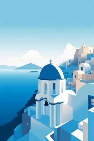 Blue church in Santorini island, Greece. Vector illustration.の素材