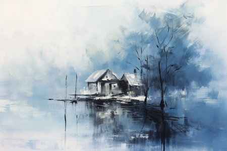 Abstract watercolor painting of a house on the lake in winter.の素材