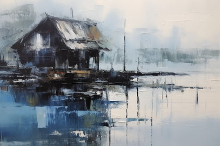 abstract background watercolors painting, house on the waterの素材