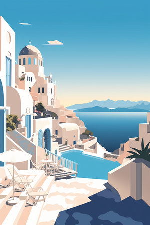Vector illustration of Oia town on Santorini island, Greeceの素材