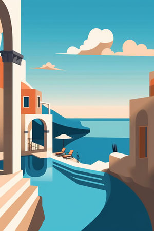 Beautiful view of the sea from the villa. Vector illustrationの素材