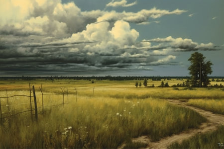 Dramatic sky over a wheat field in Yellowstone National Park.の素材