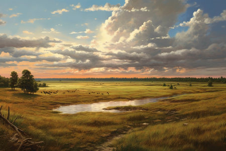 Landscape with grassland and river at sunset. Nature composition.の素材