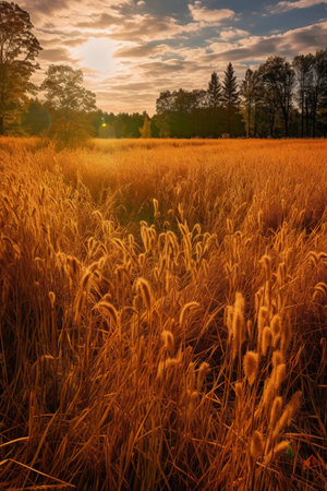 Golden ears of wheat on a background of the forest and the setting sunの素材