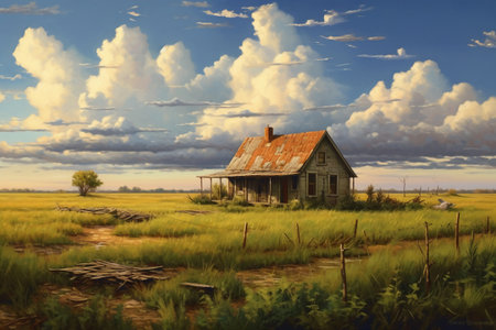 Old house in the field with blue sky and white clouds background.の素材
