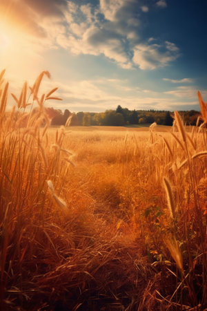 Beautiful sunset over wheat field. Dramatic sky. Beauty world.の素材