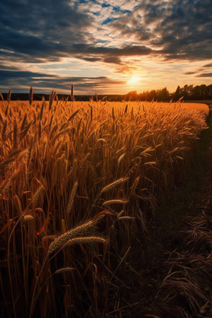 Sunset over a wheat field in summer, Poland. Rural scene.の素材