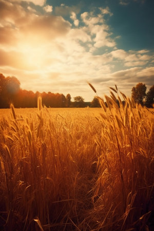 Sunset or sunrise in an agricultural field with ears of young golden ryeの素材