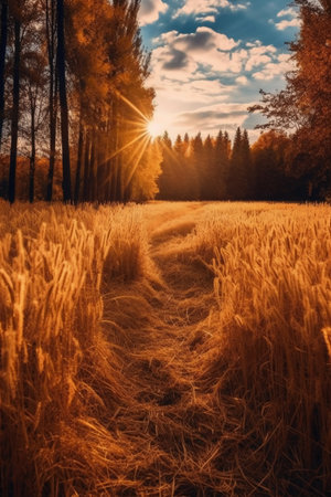 Road through the wheat field in the rays of the setting sun.の素材