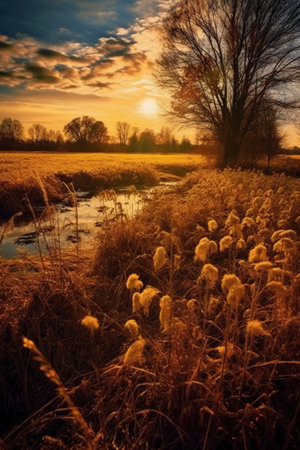Beautiful sunset over a field with reeds in the foreground.の素材