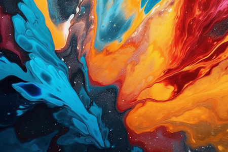 Abstract background of acrylic paint in different shades of orange, blue and redの素材