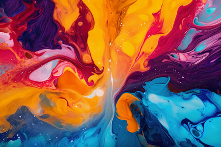 Abstract background of acrylic paint in blue, orange, yellow and red colorsの素材