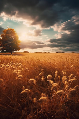 Sunset over a field with golden grass and a tree in the backgroundの素材