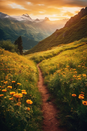 Hiking trail in the mountains at sunset. Beautiful summer landscape.の素材