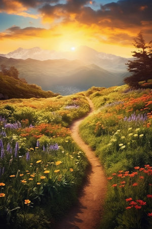 Hiking trail in the mountains at sunset. Colorful summer landscape.の素材