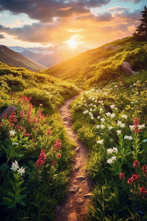 Beautiful alpine meadow with blooming flowers at sunset.の素材