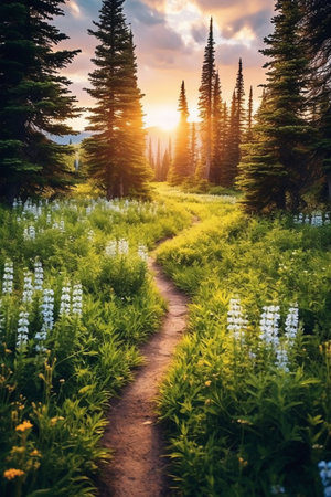 Hiking trail in the forest at sunset. Beautiful summer landscape with lupine flowers.の素材
